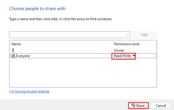 change permission level to Read or write and click on Share button