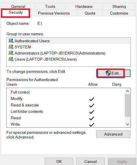 Navigate to the Security tab and click on Edit