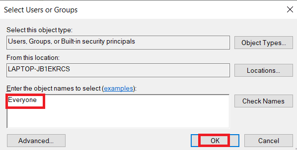Under the Enter the object names to select type Everyone and click OK