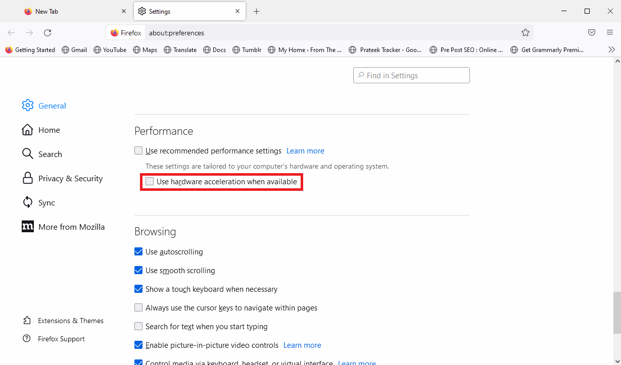 Uncheck the Use hardware acceleration when available option