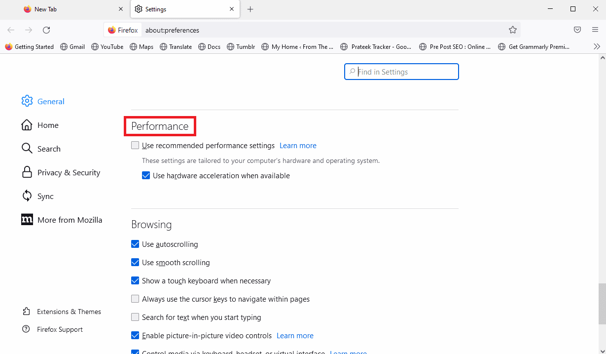 Scroll down and locate the Performance options