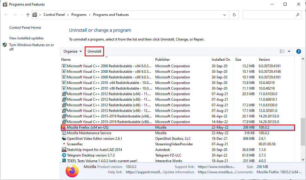 Select the Mozilla Firefox and click on the Uninstall button. Fix Plugin Container for Firefox Not Working