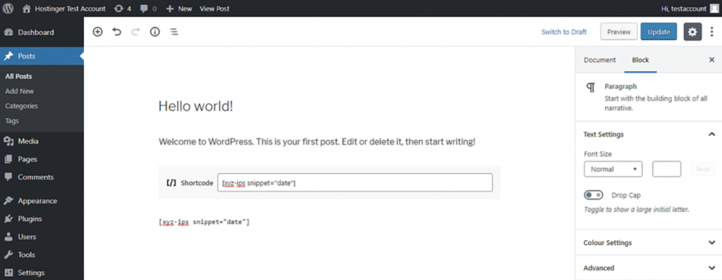 Adding a PHP code to a WordPress post, pasting the snippet shortcode of the function