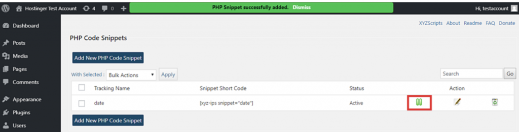 PHP code snippets, active code snippets show a green pause symbol