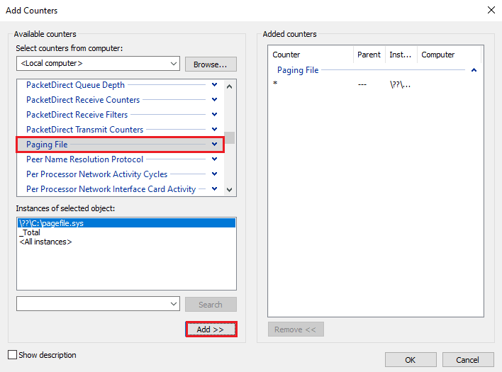 Select Paging File from the list and click on Add