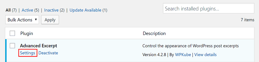 WordPress excerpt plugin settings.