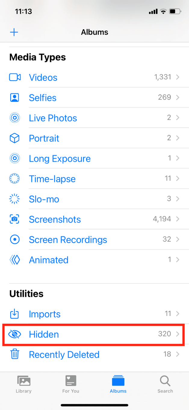 Swipe to the bottom and tap on Hidden under Utilities