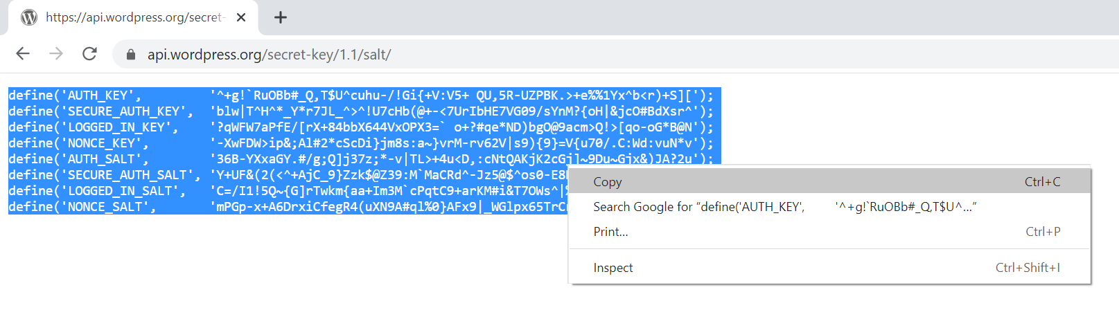 Generating new WordPress salts and security keys.