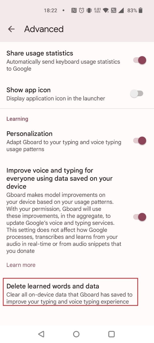 Tap on Delete learned words and data | How to Delete a GIF on Facebook Comment | unsend GIF on Messenger