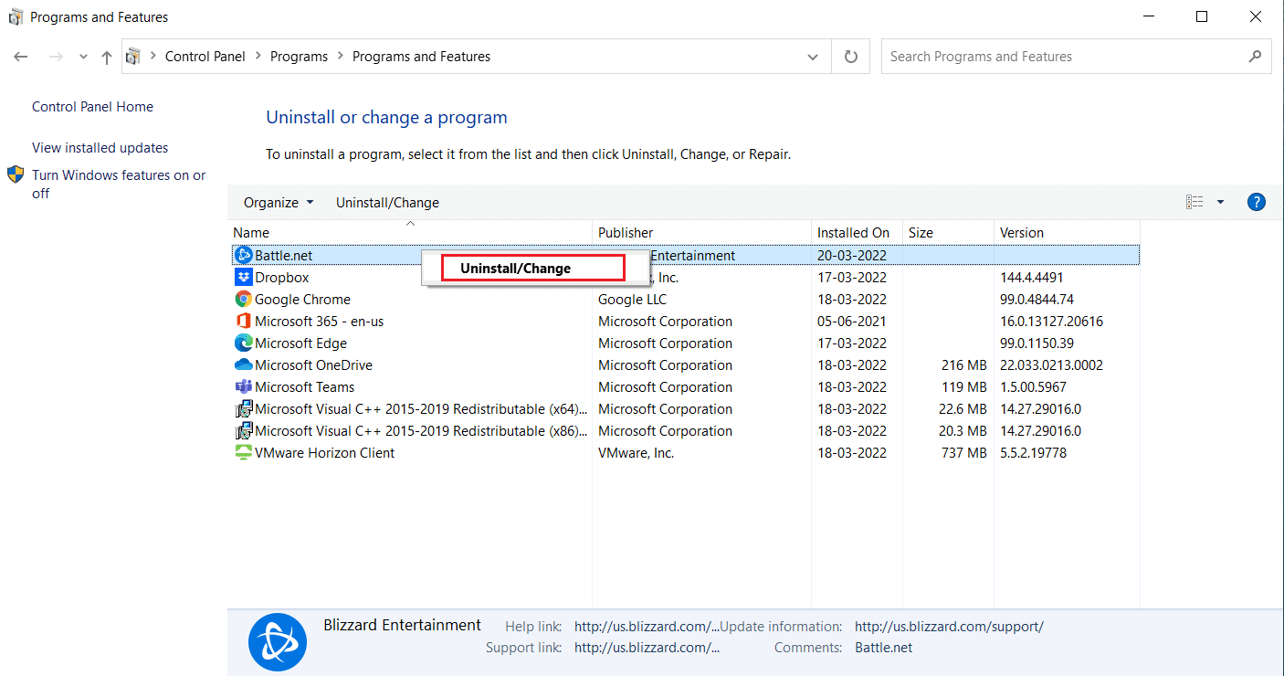 Uninstall or change option