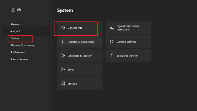 select console info. Fix Xbox Error Code 0x87af000d
