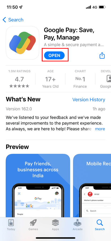 tap on open to launch gpay app