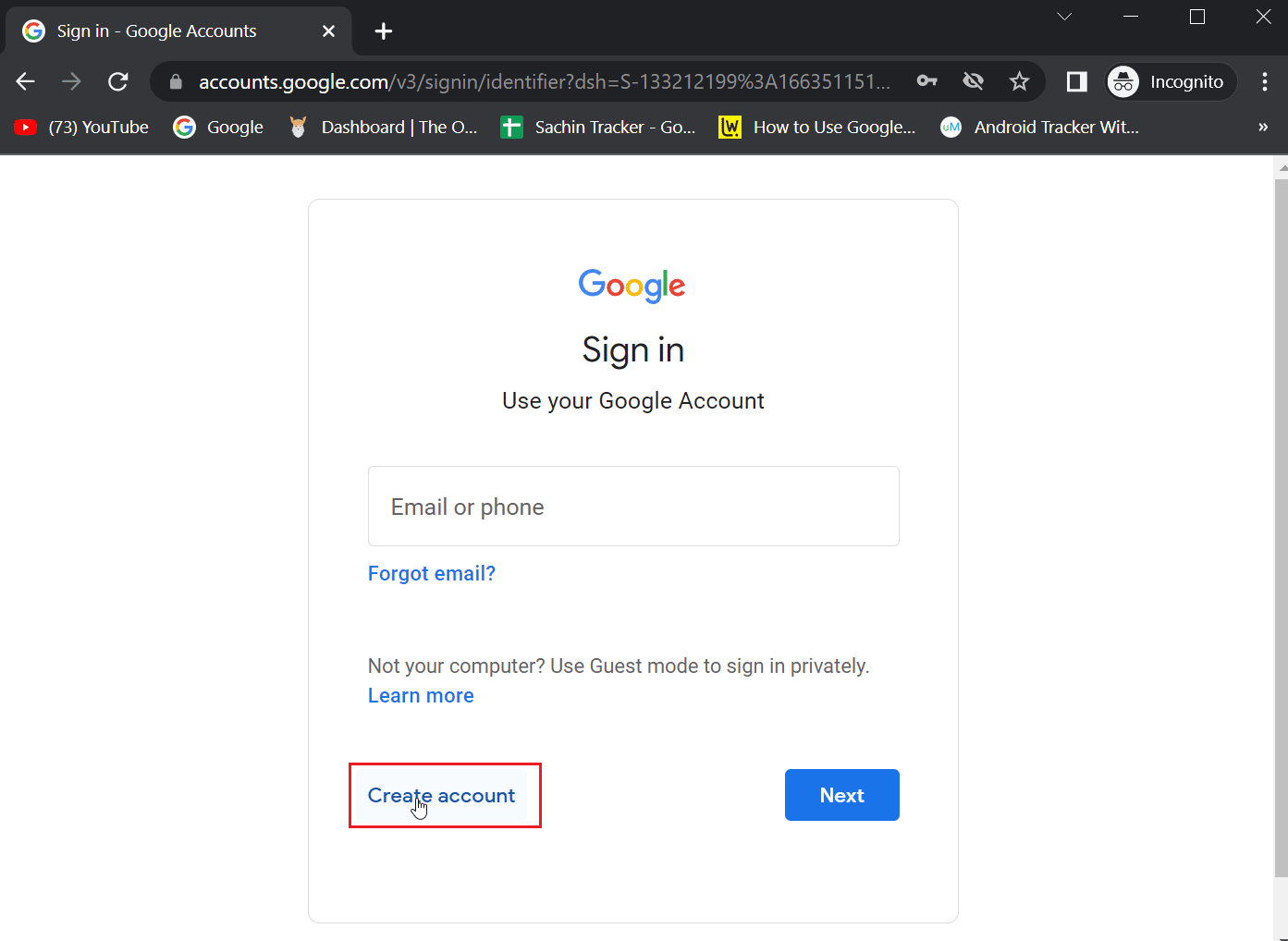 Click on Create account present near the Next button