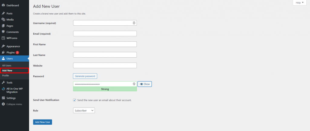 Add new user in WordPress dashboard