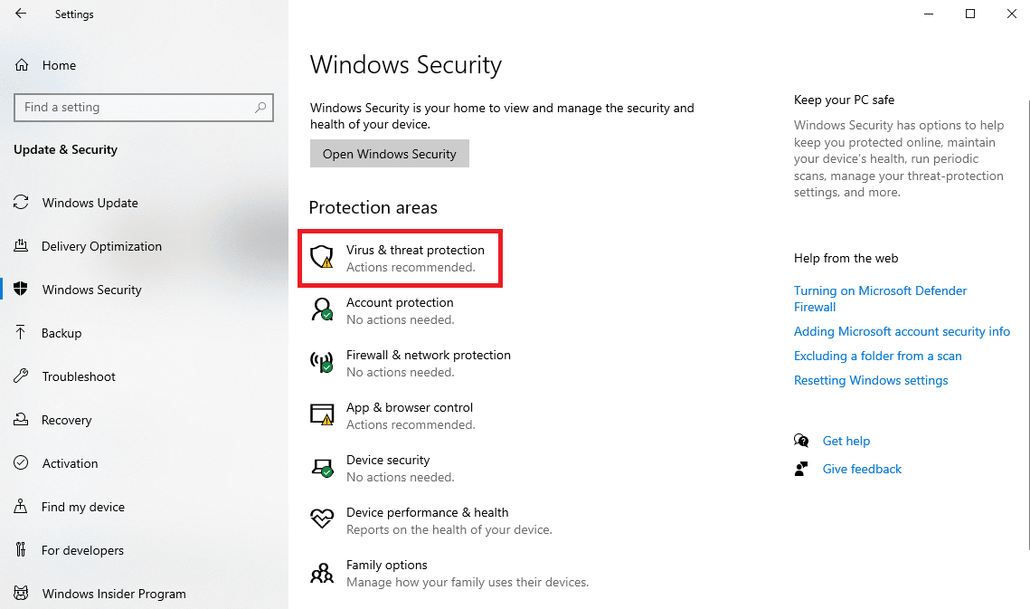 Click on Virus and threat protection