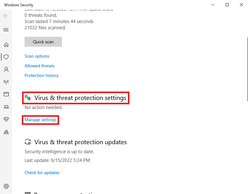 Under Virus and threat protection option click on Manage settings