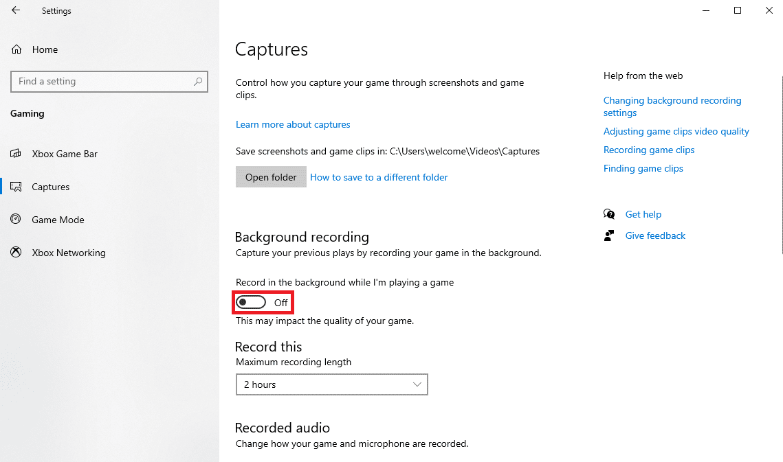 Turn off the toggle for Record in the background while I m playing a game