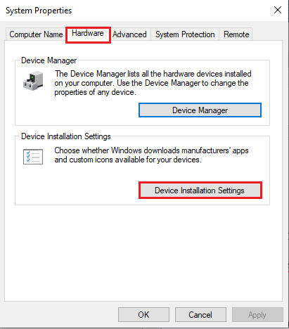 Move to the Hardware tab and click on the Device Installation Settings button