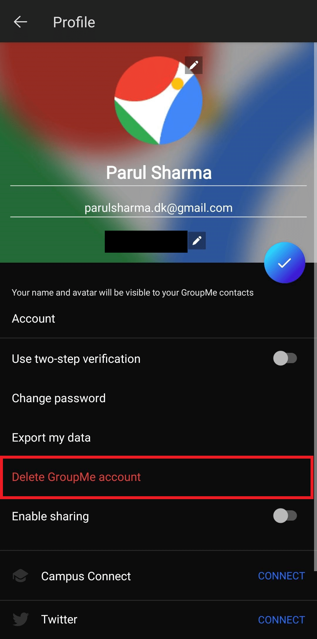 Choose Delete GroupMe account option