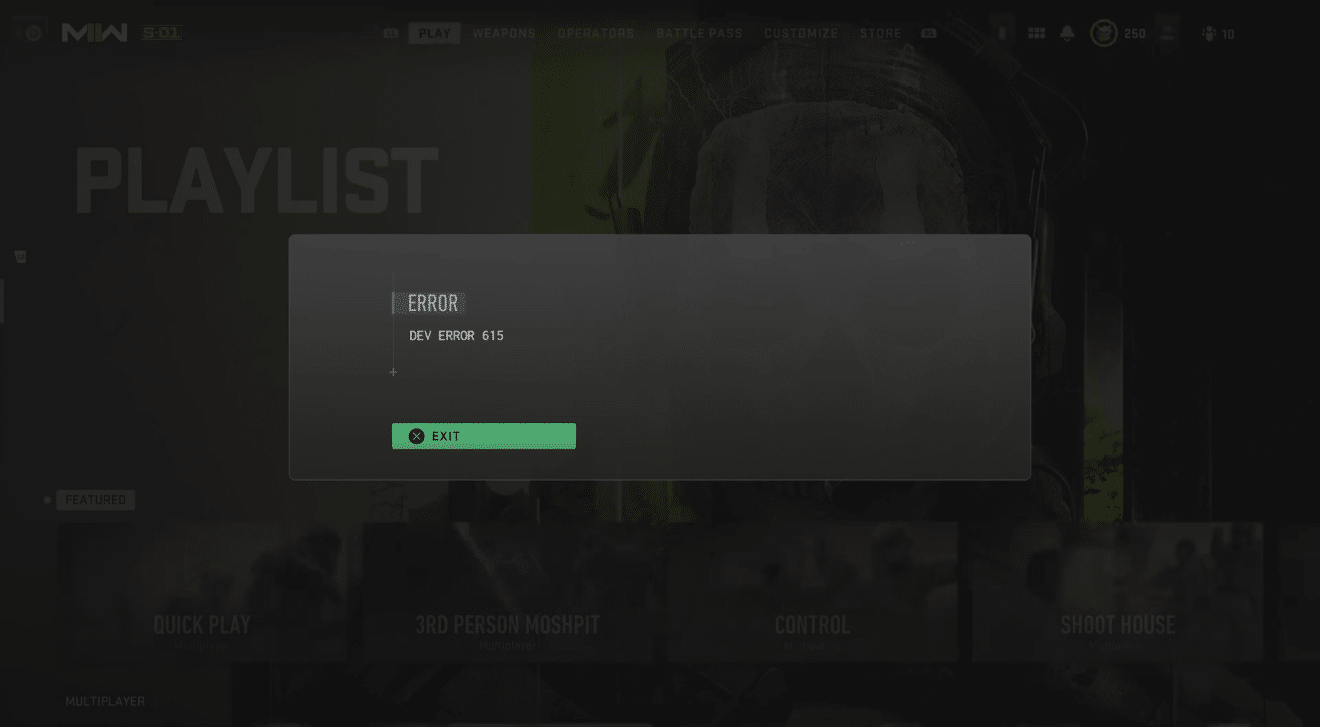 Dev Error 615 pop up