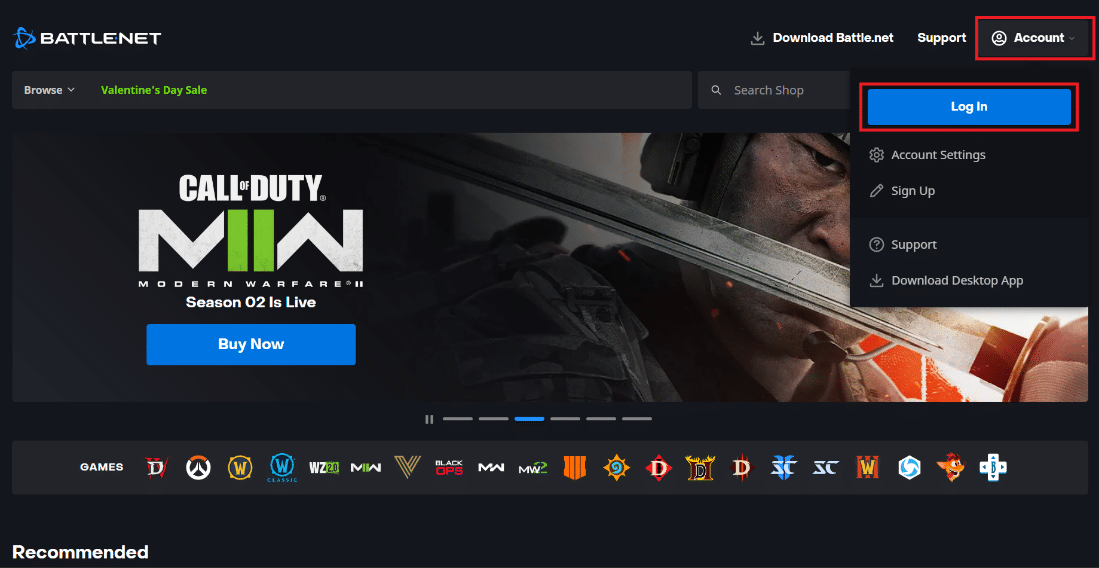 Click on Account then click on Log in