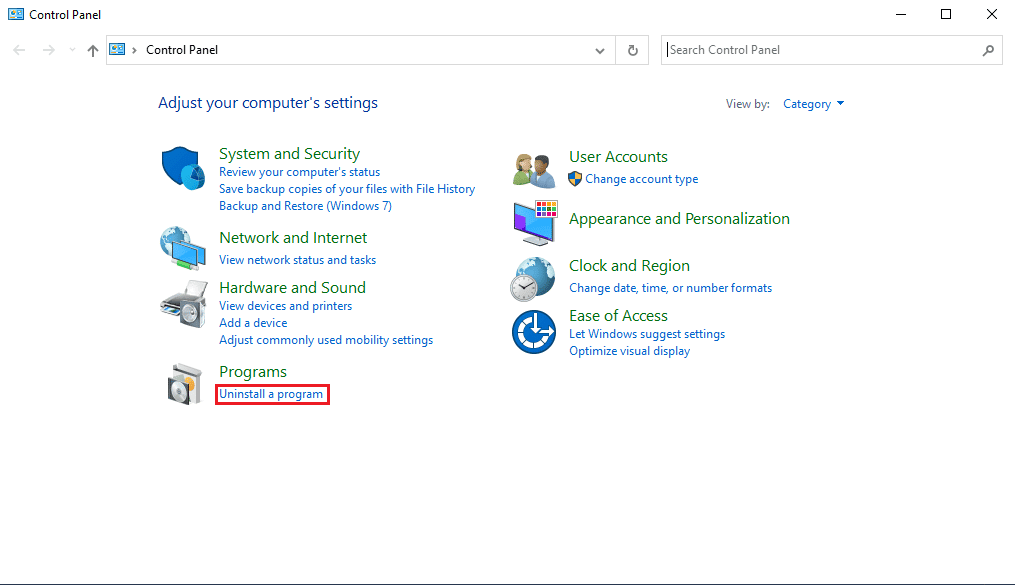 uninstall a program option under Programs