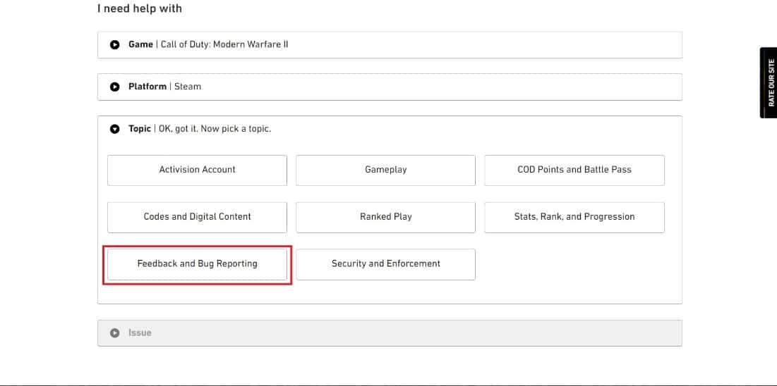 Select the topic Feedback and Bug Reporting