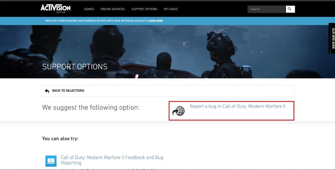 click on Report a bug in Call of Duty: Modern Warfare II. Fix Dev Error 615 in Modern Warfare 2