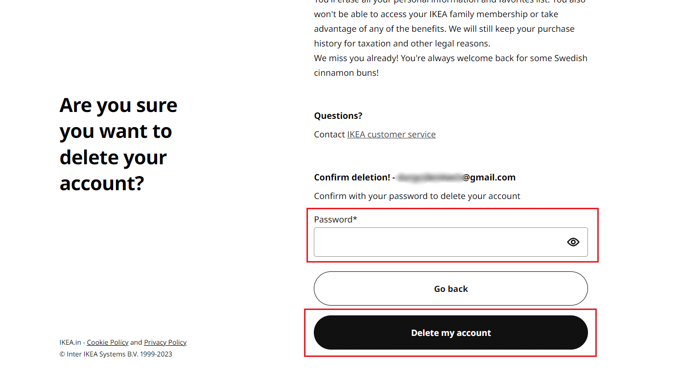 enter your IKEA account password and click on Delete my account | How to Delete IKEA Account