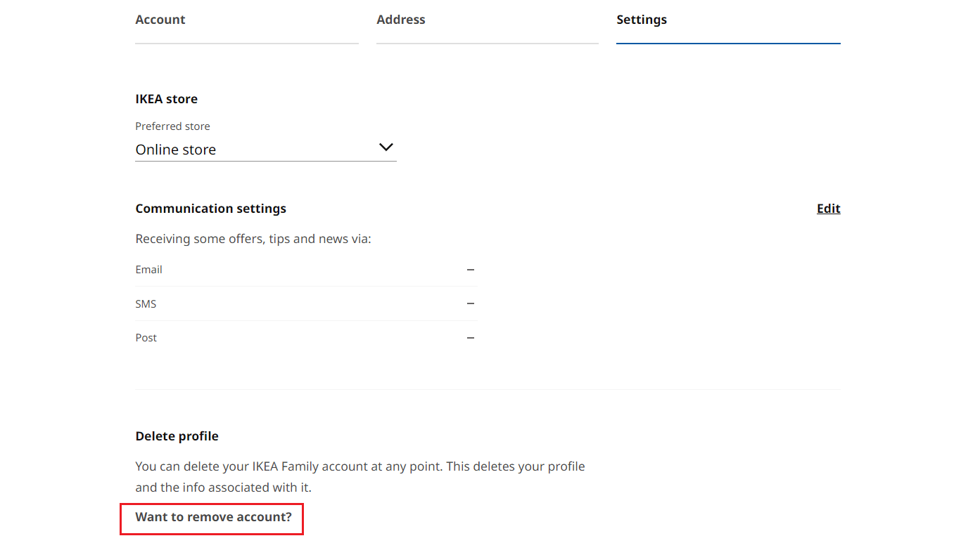 click on Want to remove account from the Delete profile section at the bottom of the page | does IKEA family cost money