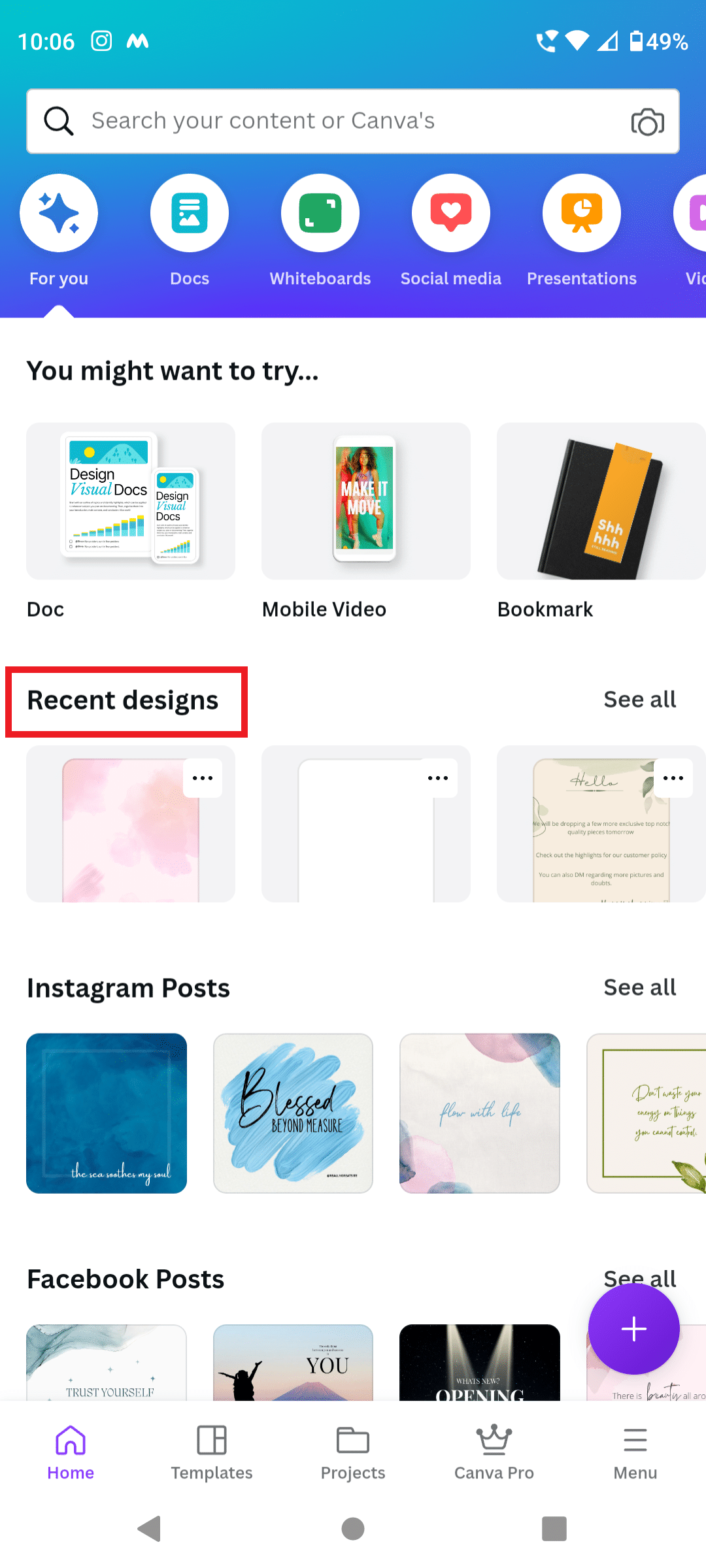 Tap on Recent designs on canva