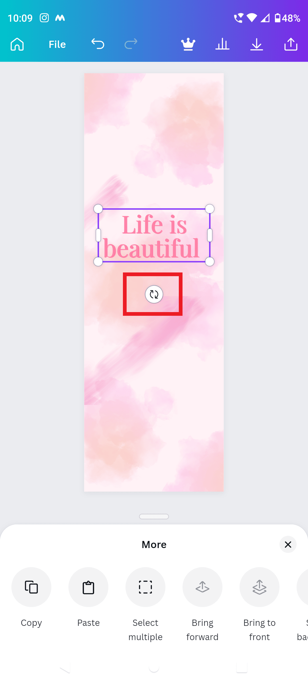 Tap and hold the rotate icon on canva