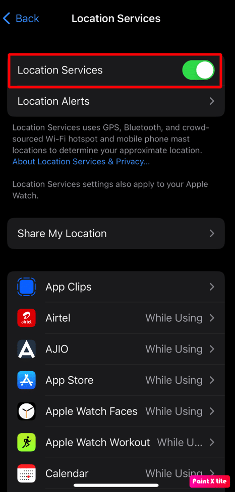 toggle on location services