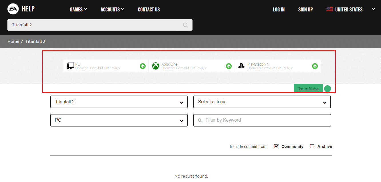 Titanfall 2 server status page