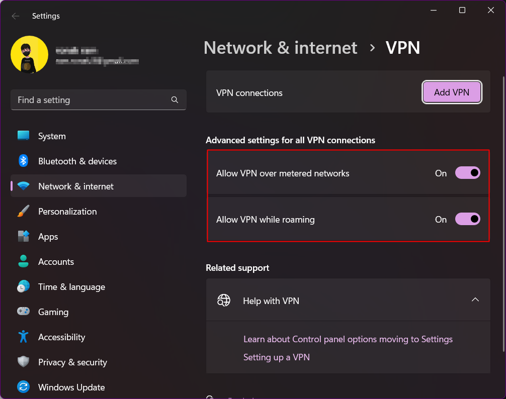 Toggle off to disable the following under Advanced settings for all VPN connections