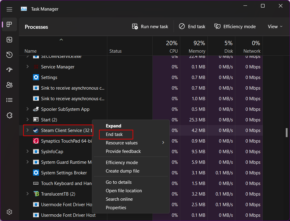 click on End Task to end Steam launcher