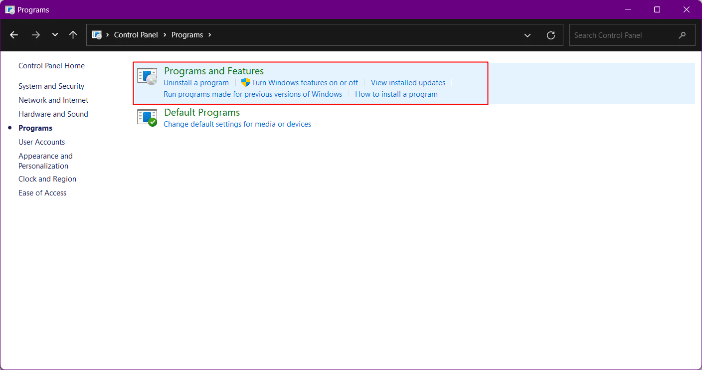 Click on Programs and Features