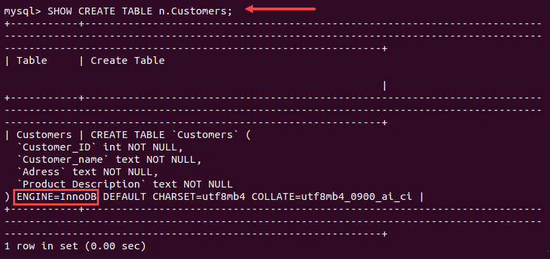 Cheking storage engine using terminal.