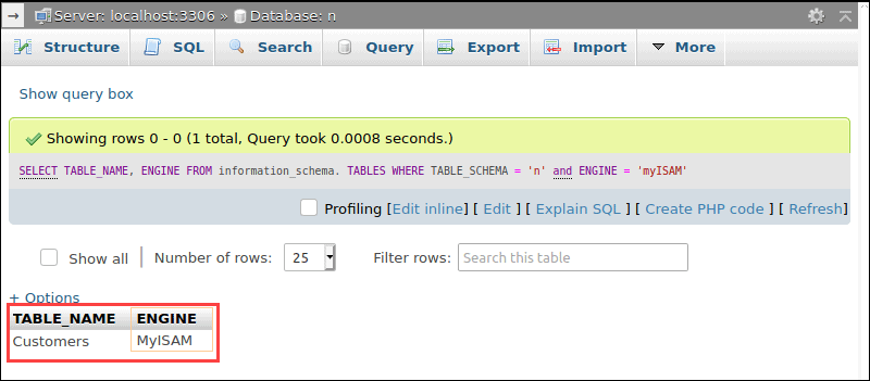 Query output displaying tables with MyISAM storage engines.