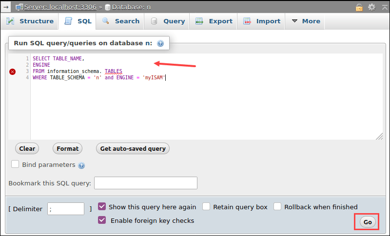 Query command needed to check default storage engine.