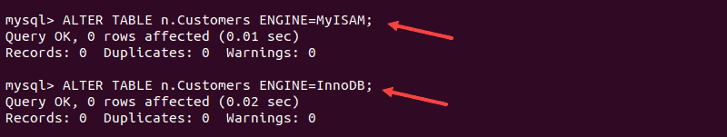 Changing MyISAM and InnoDB storage engines in terminal.