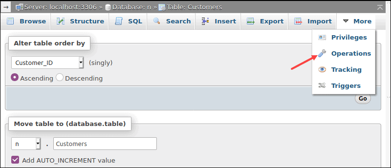 Selecting the Operations option.