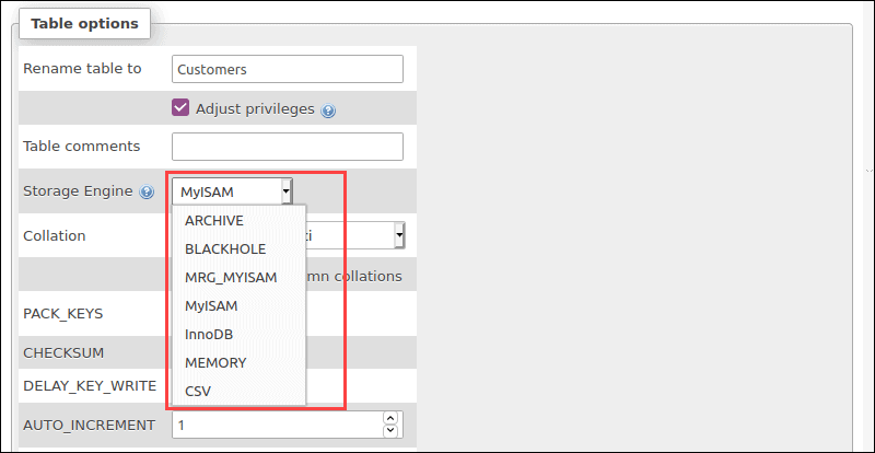 Changing the storage engine in the Operations menu.