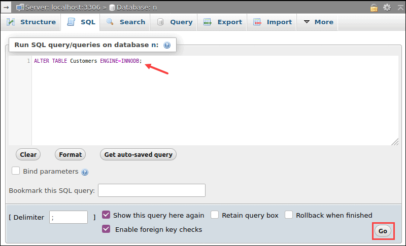 Converting table storage engine using SQL query option.