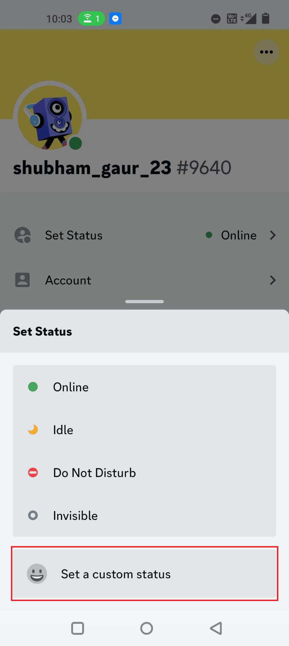 Tap on Set a custom status option