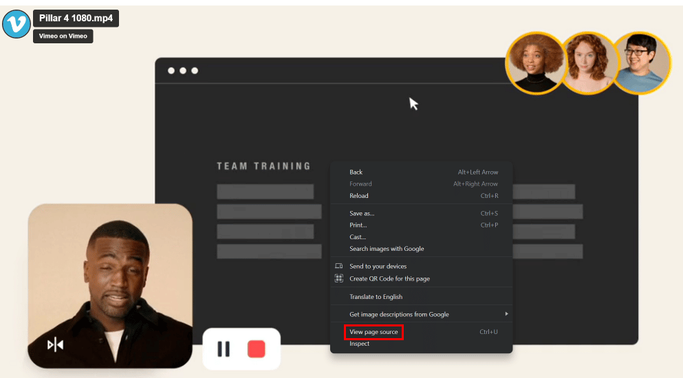 Right-click on the video and click on the View page source option from the menu.