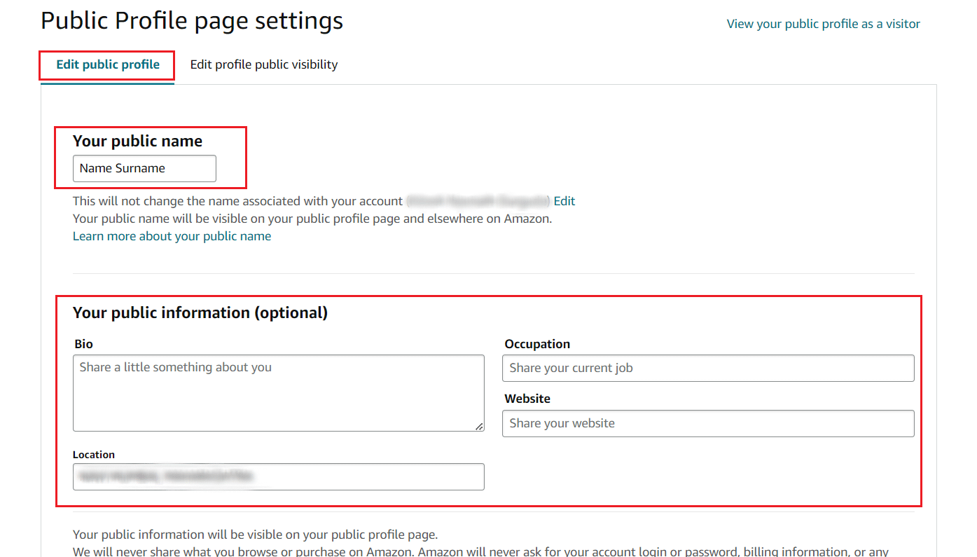 From the Edit public profile tab, make the desired changes to your public name and information