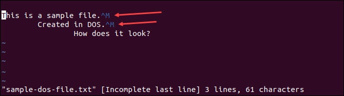 Opening a DOS file in Vi to see carrier return symbols at line endigns.