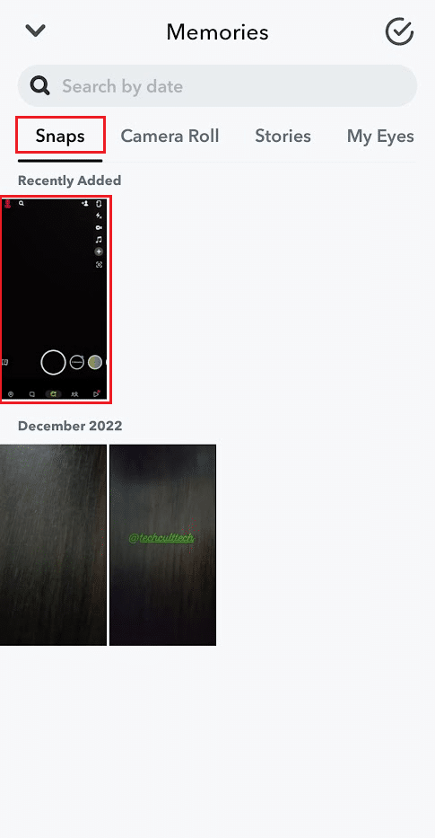 Navigate back to the Snaps tab in the Memories section to see the saved snap from the camera roll