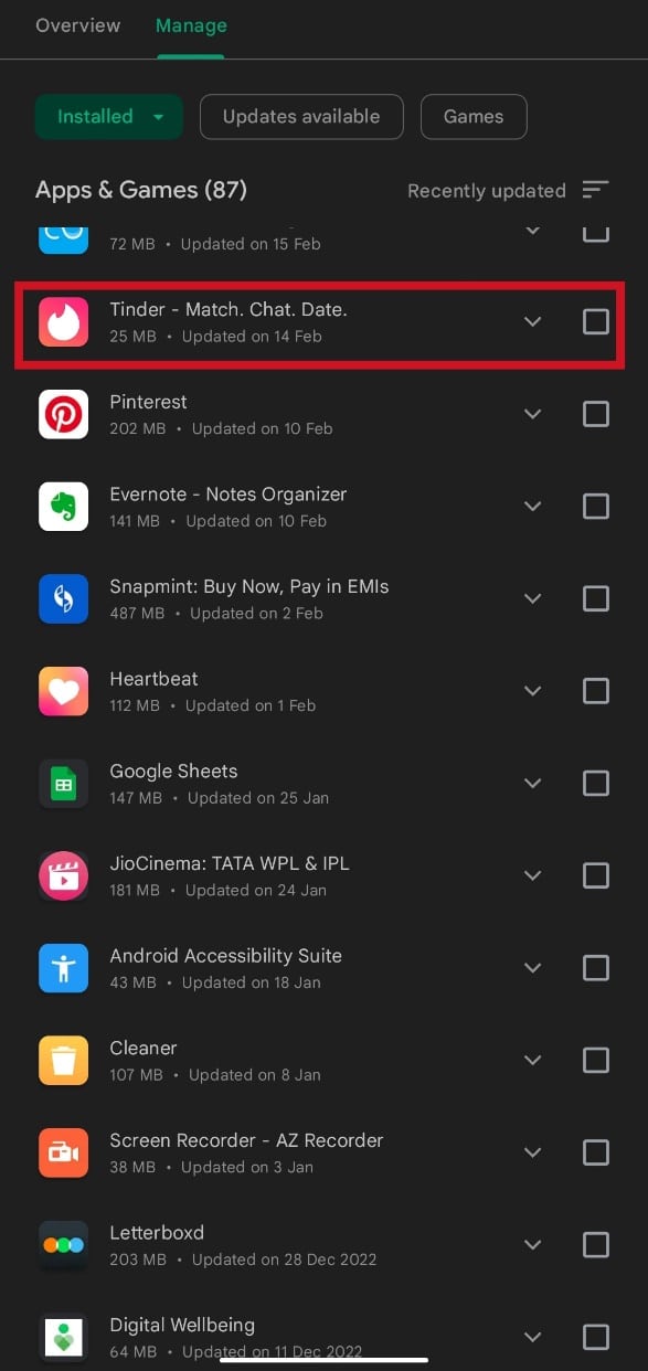 Find Tinder on the list and tap on it. Fix Tinder Pictures Not Loading Error